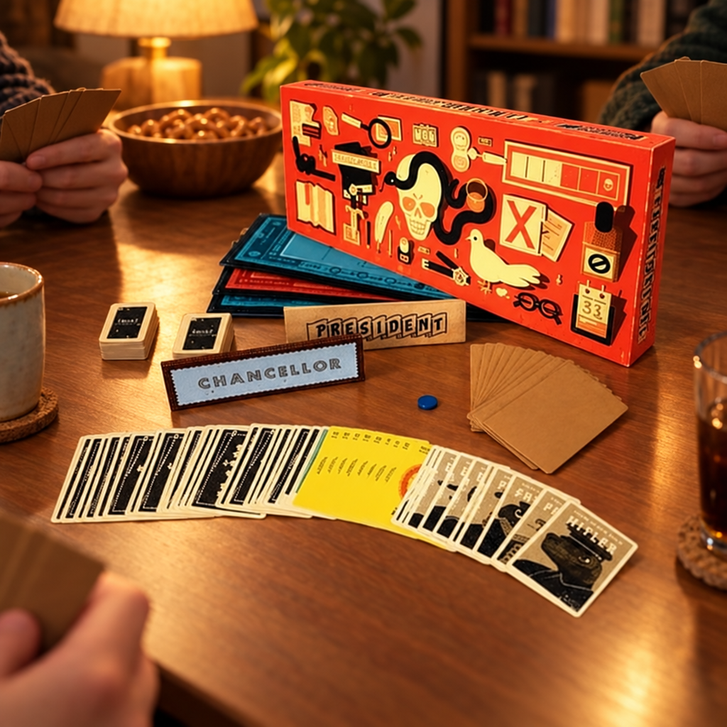 Secret Hitler sällskapsspel uppdukat på ett bord under spelkväll
