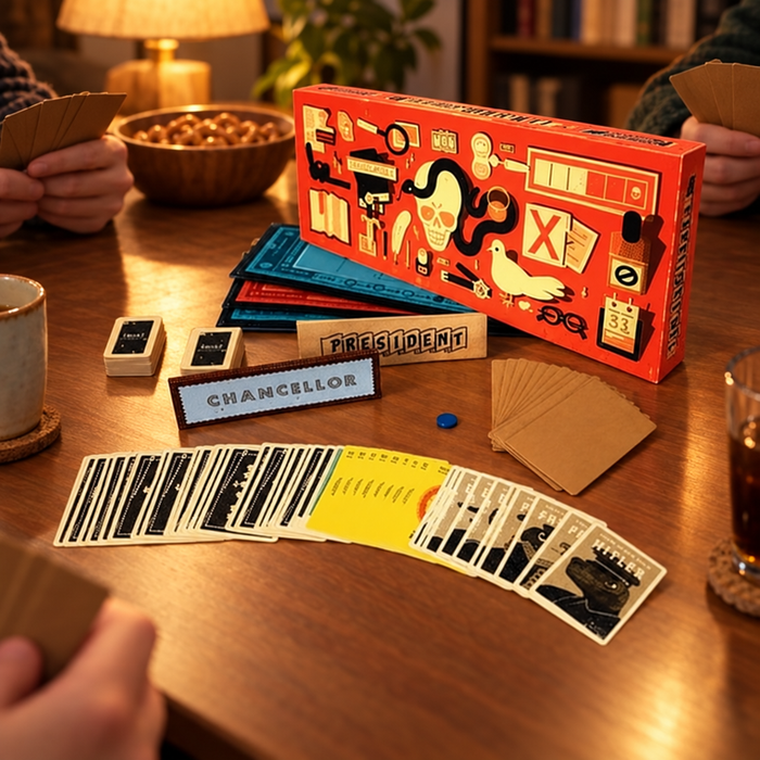 Secret Hitler sällskapsspel uppdukat på ett bord under spelkväll