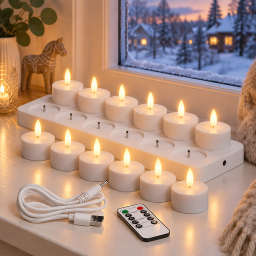 12-pack uppladdningsbara LED-värmeljus med laddbas och fjärrkontroll på en fönsterbräda i vinterskymning