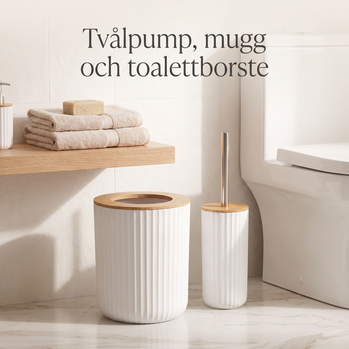 Tvålpump, mugg och toalettborste