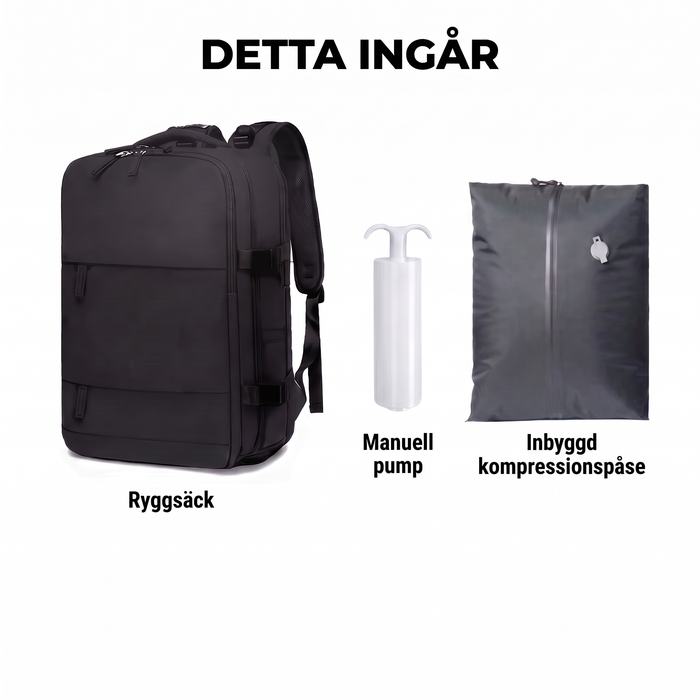 Detta ingår: ryggsäck, manuell pump och inbyggd kompressionspåse