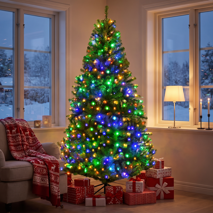 Julgran med flerfärgad LED-belysning och julklappar en vinterkväll