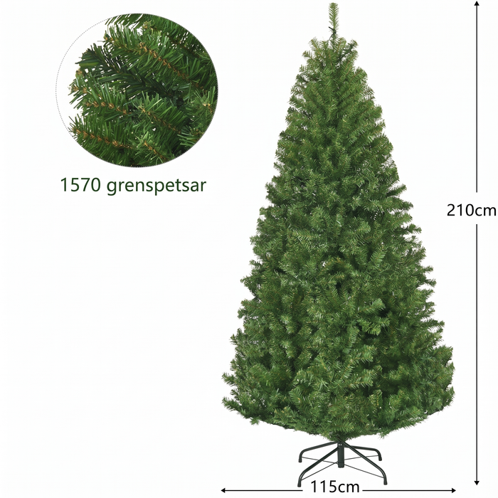 Julgranens mått: 210 cm hög, 115 cm bred, 1570 grenspetsar