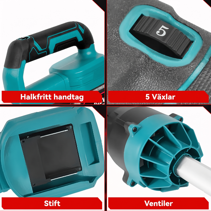 Detaljer: halkfritt handtag, fem lägen, batterifäste och ventiler
