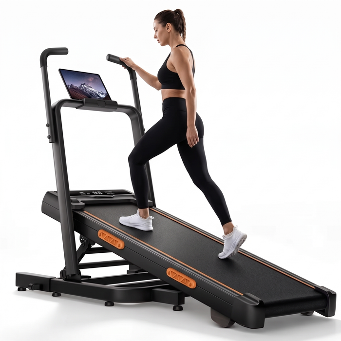 Walking pad med 0–40 % lutning – kvinna som går i uppförslut på gåbandet, vit bakgrund