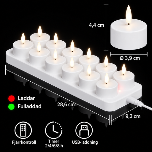 Mått: 4,4 cm hög, Ø 3,9 cm, laddstation 28,6 × 9,3 cm