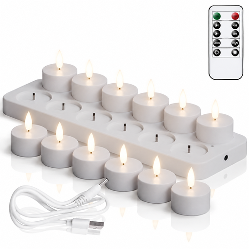 12-pack uppladdningsbara LED-värmeljus med laddstation, kabel och fjärrkontroll