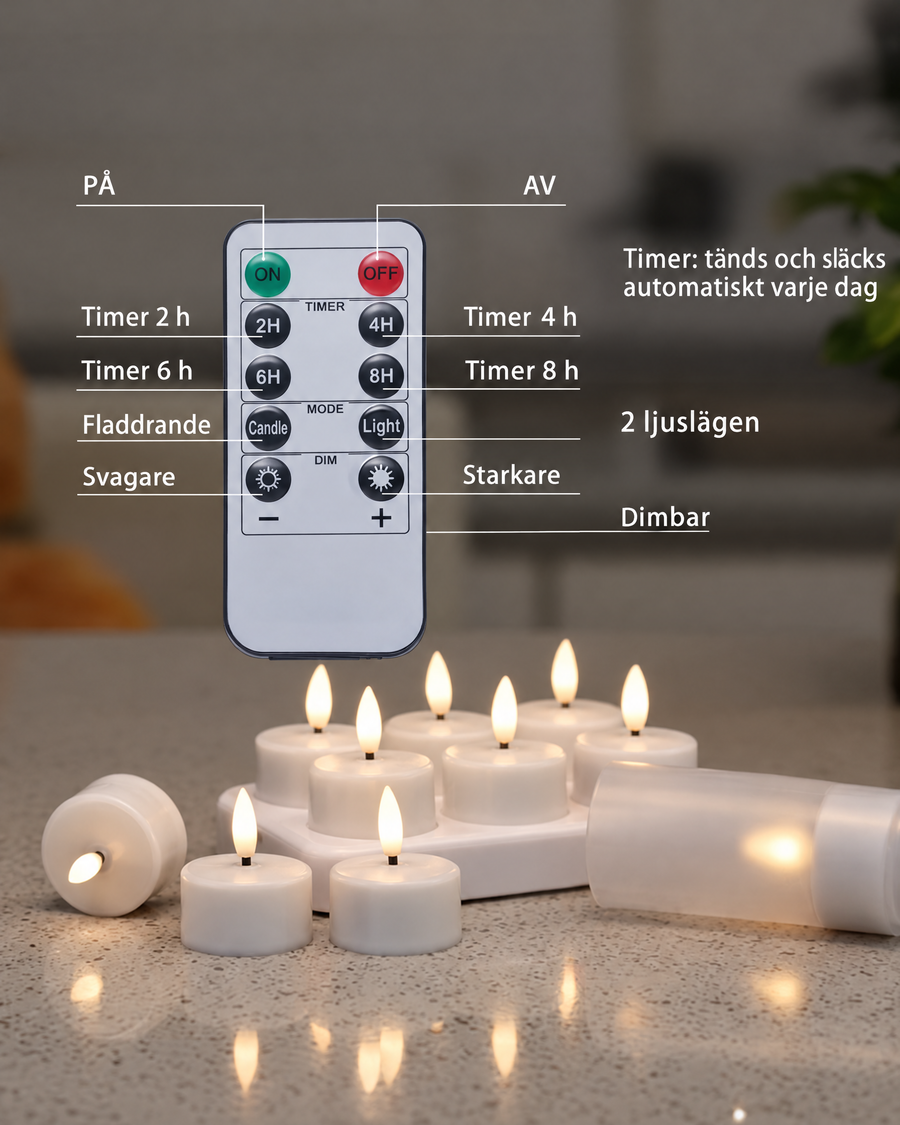 Fjärrkontrollens knappar: på/av, timer, ljusläge och ljusstyrka