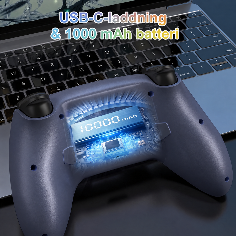 Grå handkontroll med USB-C-laddning och 1000 mAh batteri