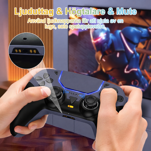 Grå handkontroll med ljuduttag, högtalare och mute