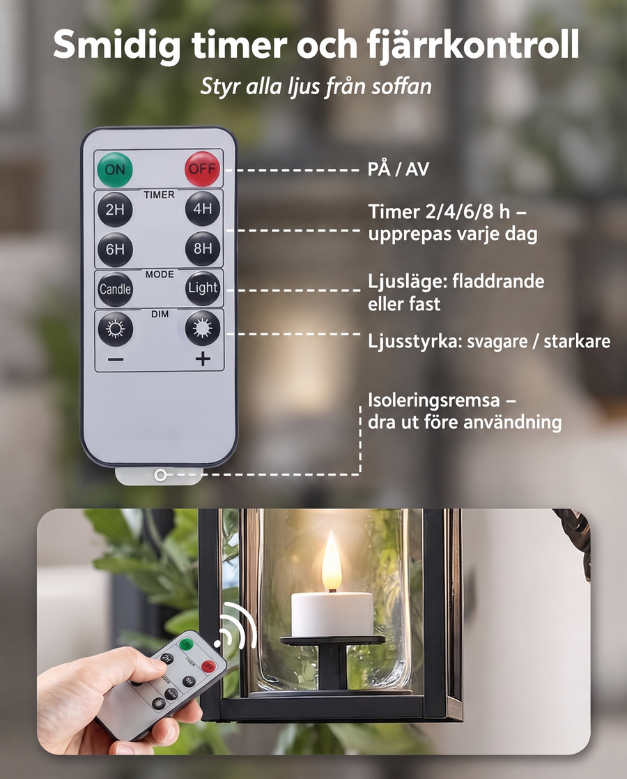 Fjärrkontroll: på/av, timer 2/4/6/8 h, ljusläge och ljusstyrka