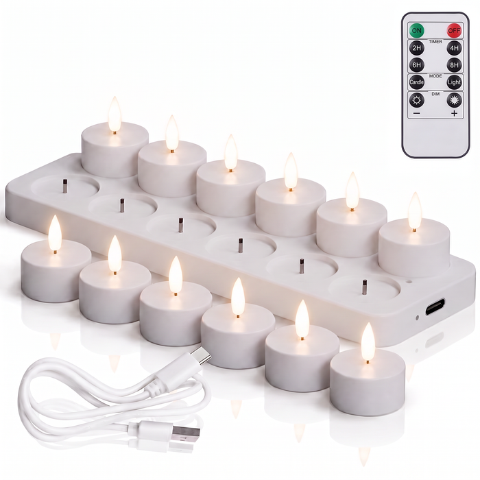 12-pack uppladdningsbara LED-värmeljus med laddstation (USB-C), kabel och fjärrkontroll