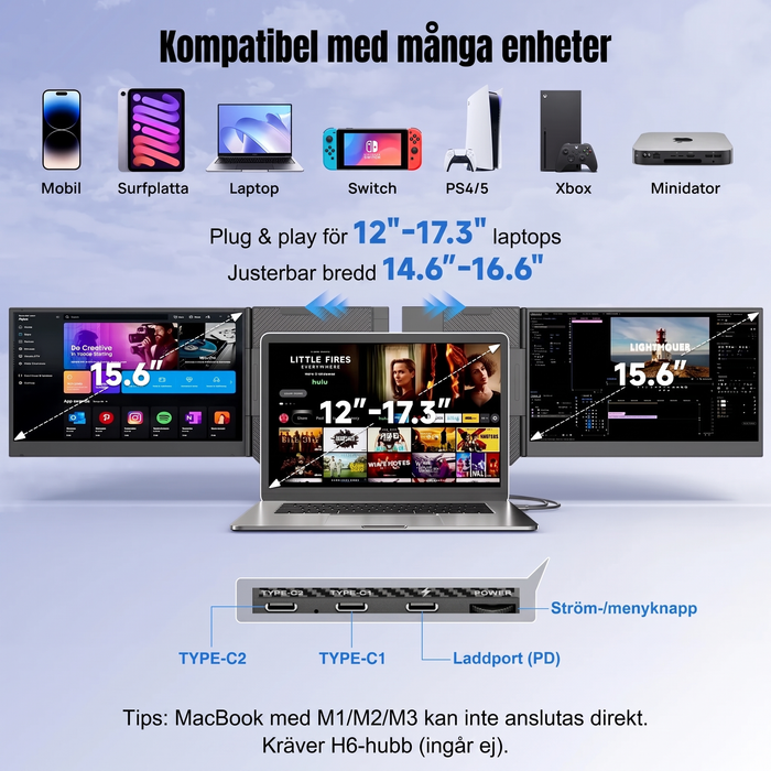 Kompatibel med laptops 12–17,3 tum, portar USB-C och laddport