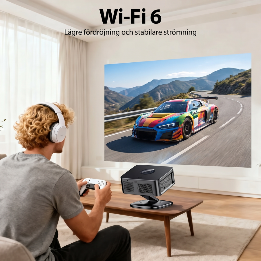 Projektor med Wi-Fi 6 i vardagsrummet