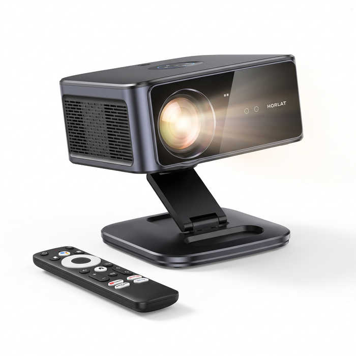 Smart projektor 1080p med fjärrkontroll på vit bakgrund
