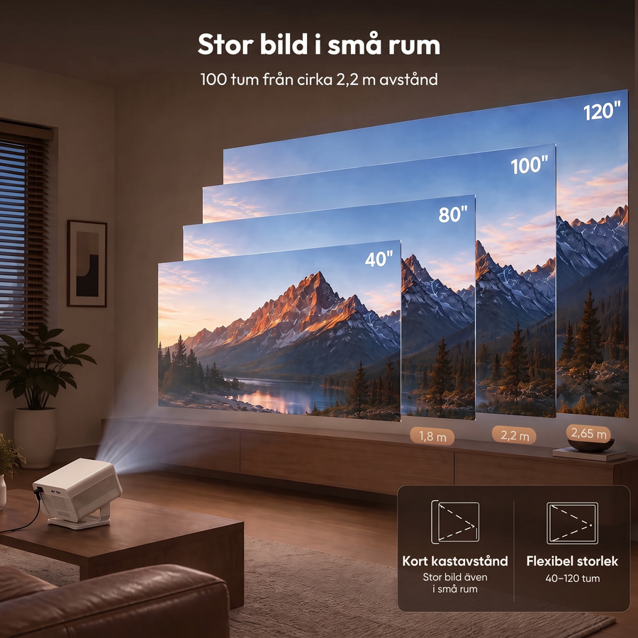 Bildstorlek 40–120 tum, 100 tum från 2,2 m