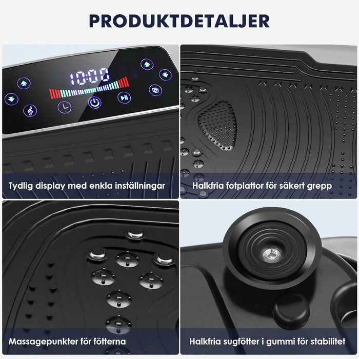 Produktdetaljer: display, fotplattor, massagepunkter och sugfötter