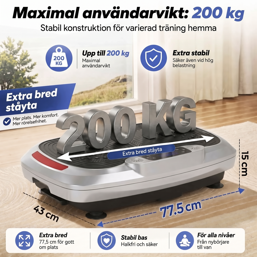 Maximal användarvikt 200 kg, mått 77,5 × 43 × 15 cm