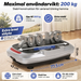 Maximal användarvikt 200 kg, mått 77,5 × 43 × 15 cm