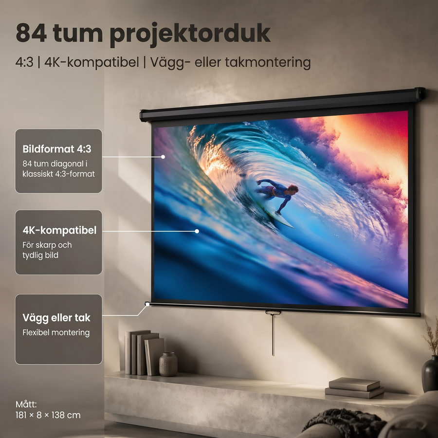 84 tum projektorduk, mått 181 × 8 × 138 cm