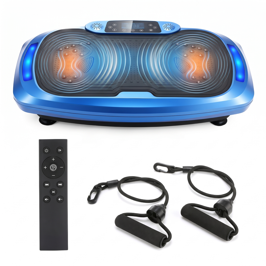 Blå 4D vibrationsplatta med fjärrkontroll och träningsband