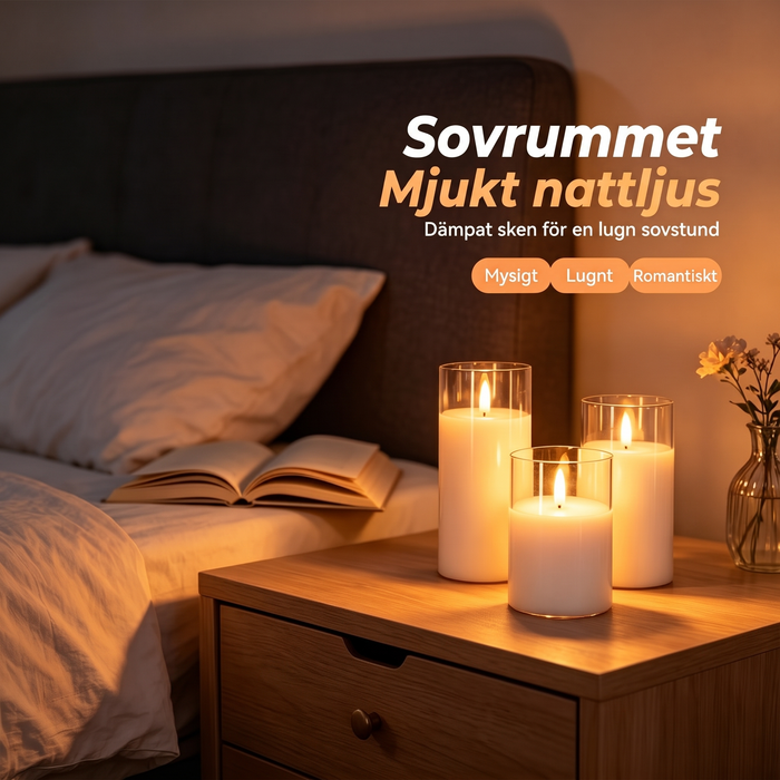LED-ljus i klart glas som mjukt nattljus i sovrummet