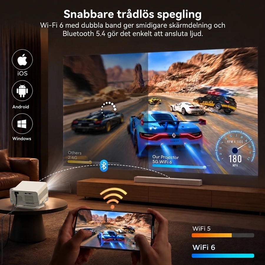 Smart projektor Full HD 1080p med 4K-stöd, 700 ANSI, Netflix och 90° vridbart stativ