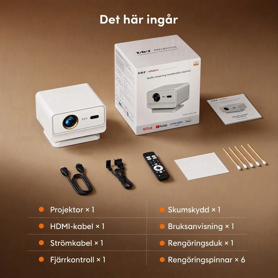 Smart projektor Full HD 1080p med 4K-stöd, 700 ANSI, Netflix och 90° vridbart stativ