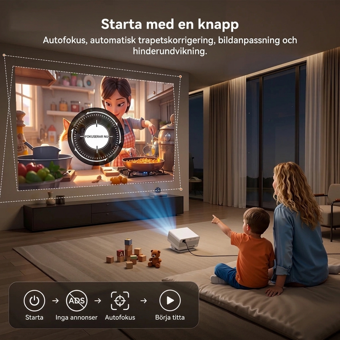 Smart projektor Full HD 1080p med 4K-stöd, 700 ANSI, Netflix och 90° vridbart stativ