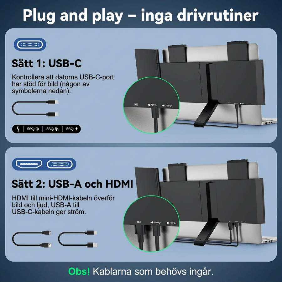 Bärbar skärm 14 tum för laptop – Full HD IPS, fäller ut från datorn, USB-C och mini-HDMI