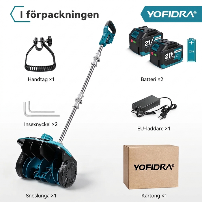 I förpackningen: snöslunga, handtag, 2 batterier, EU-laddare, insexnycklar