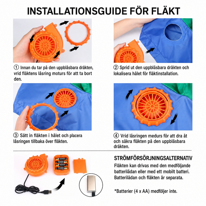 Installationsguide för fläkt – uppblåsbar tomtedräkt