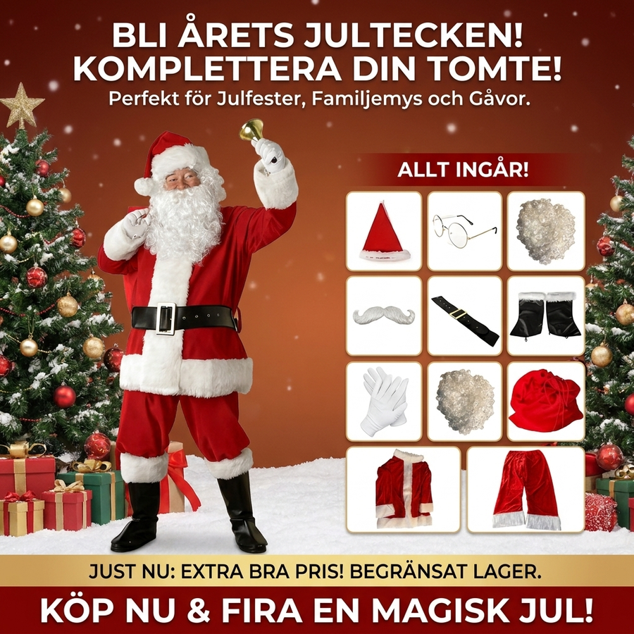 Tomtedräkt – allt ingår: jacka, byxor, luva, peruk, skägg, glasögon, bälte, skoöverdrag, handskar, säck