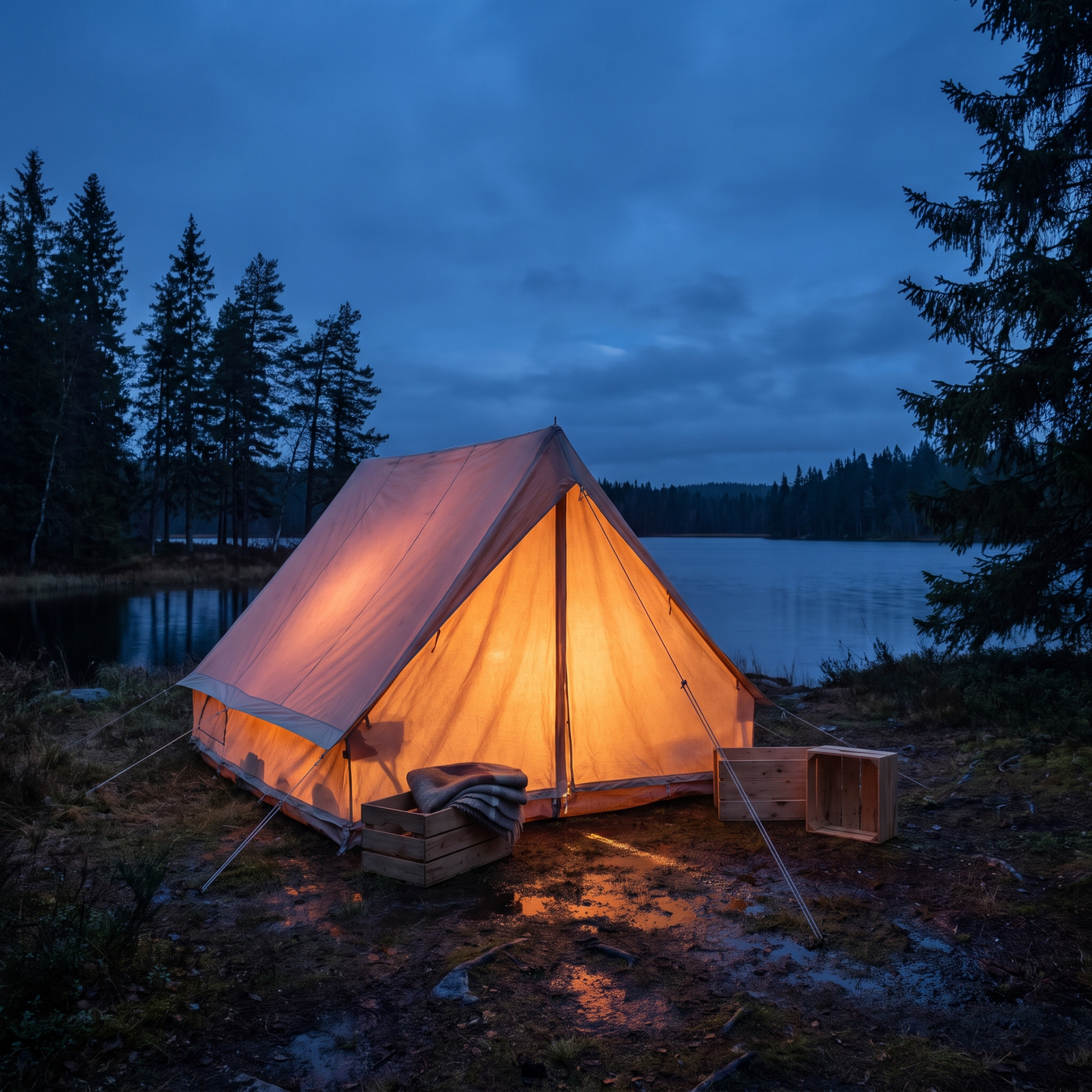 Campingplats med tält och lyktsken i svensk skymning – kategoribild utomhus