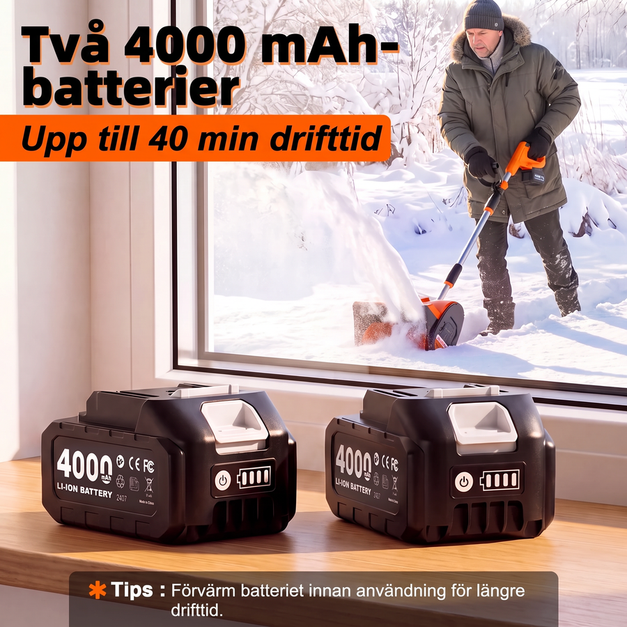 Två 4000 mAh-batterier, upp till 40 min drifttid