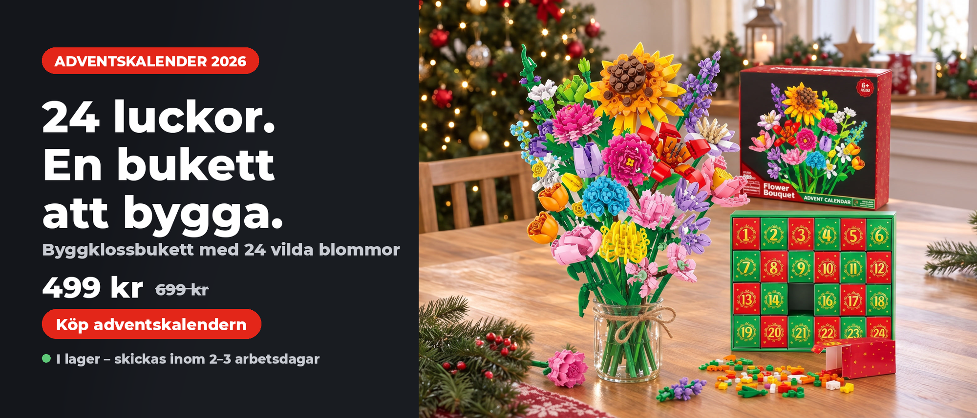 Adventskalender 2026 byggklossbukett 24 vilda blommor – 499 kr