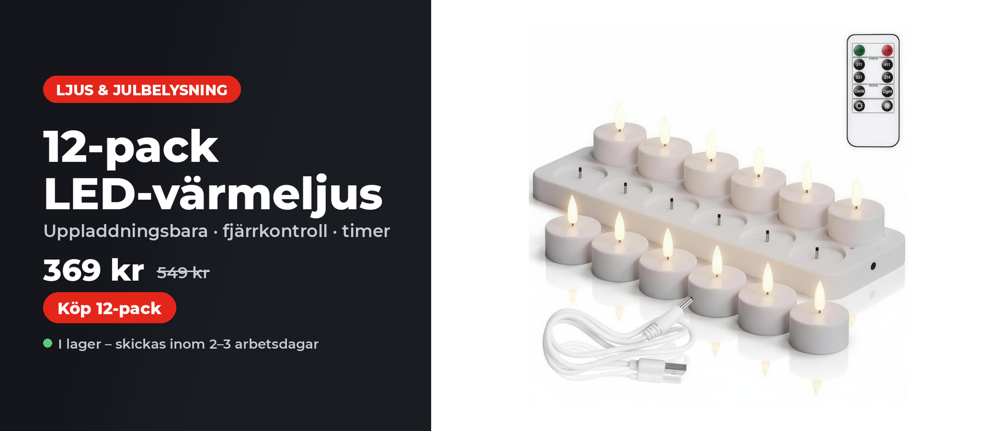 12-pack LED-värmeljus uppladdningsbara med fjärrkontroll